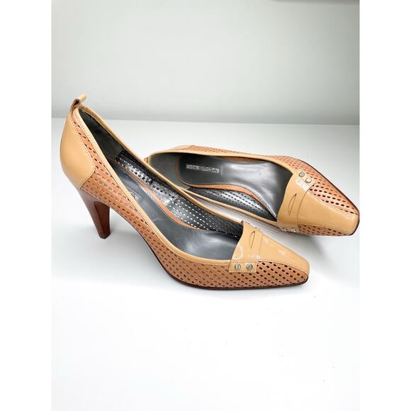 Via Spiga Leather Square Toe Heels Size 10 Retro 70s Lasercut Pumps - Picture 2 of 9